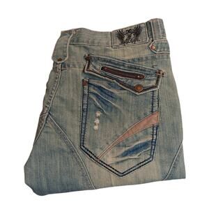 Fusai Jeans Mens 36X34  Light wash Loose Straight Grunge Distressed Street Flaps